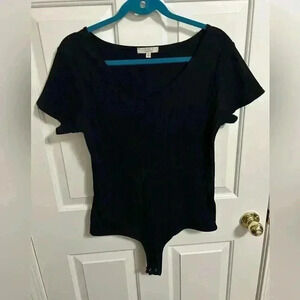 Chelsea And Violet Black Ribbed Thong Bodysuit Snaps XL